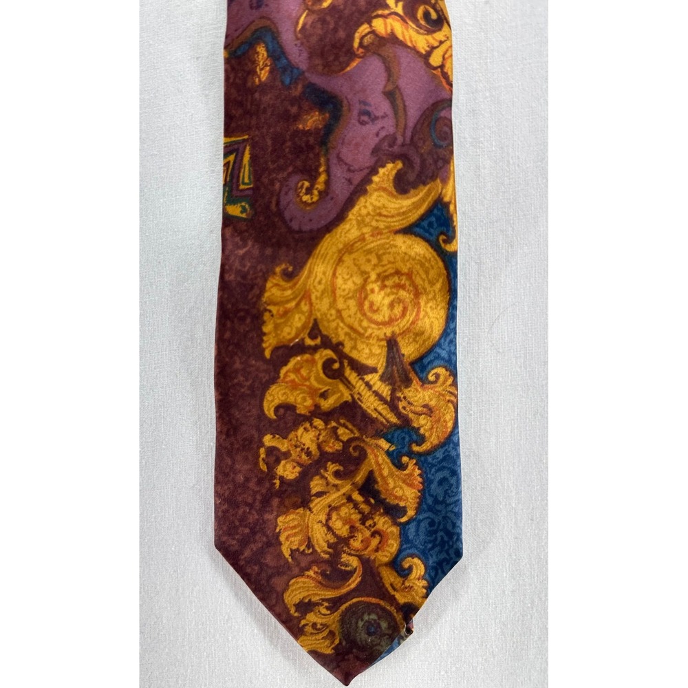 Hugo Boss‎ Silk Tie Mens Burgundy Blue Gold Baroque Rococo Filigree Vintage